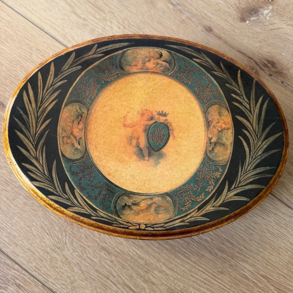 Vintage Oval Wooden Jewelry Box Black Gold Cherub Classical Motif Ornate